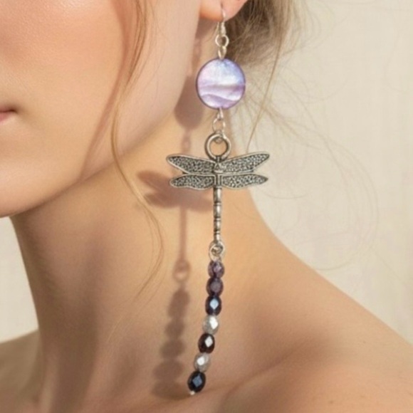Handcrafted Earrings Dragonfly Mother Of Pearl Purple Extra Long Dangle Drop Nwt 25$